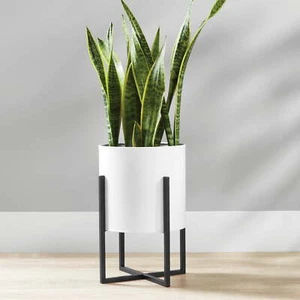 White Round Metal Planter with Black Metal Stand, 11 in Length x 15 in Height - Picture 1 of 8