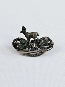 Vintage Switzerland Souvenir Travel Pin Silver Tone Rope Mountain Goat Patina - Picture 1 of 7