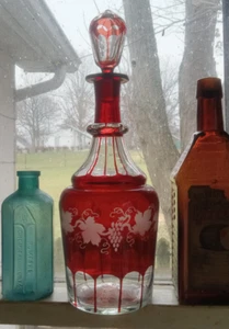 OPEN PONTIL RUBY RED STAINED CUT TO CLEAR WINE BOTTLE ORIGINAL MATCHING STOPPER - Picture 1 of 10