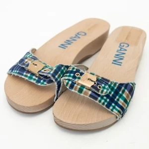 Ganni X Scholl. Wooden Clogs in Check Blue Iris. - Picture 1 of 11