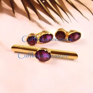 Tie Clip Amethyst Natural Gemstones 925 Sterling silver Gold Plated Cufflinks #9 - Picture 1 of 7