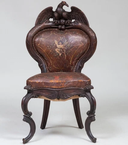Civil War Victorian Era Eagle Carved Oak and Leather Side Chair Hand Painted Cover
