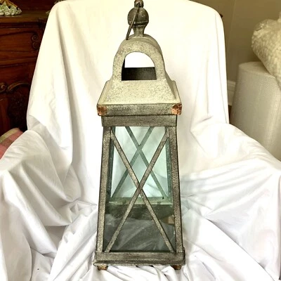 Vintage Lantern Large Candle Holder Farmhouse  Distressed Rustic 23.5" High - Imagem 1 de 4