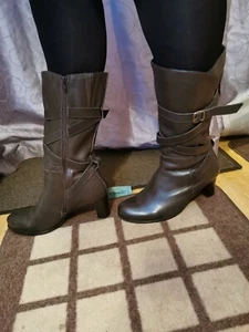 Womens Mid Calf Boots Ladies brown leather high heels - Picture 1 of 2
