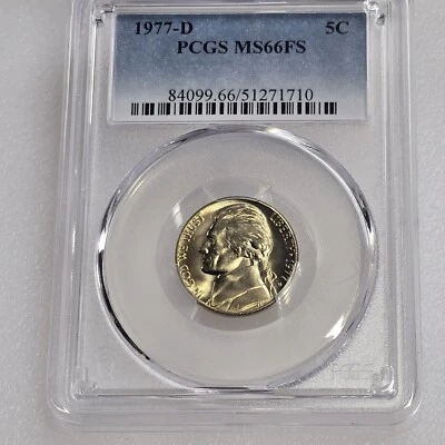 1977 D JEFFERSON NICKEL PCGS MS66FS PASSOS COMPLETOS 5c EUA Lote de moedas 2216 - Imagem 1 de 4