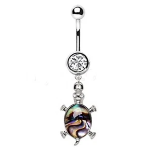 Belly Ring Animal Turtle w/Abalone Inlay Shell Dangle Naval Steel  - Picture 1 of 3