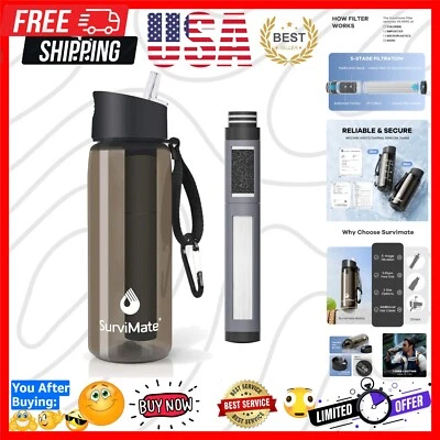 Botella de agua filtrada portátil 650 ml - esencial de supervivencia para camping y senderismo Foto 1 de 4