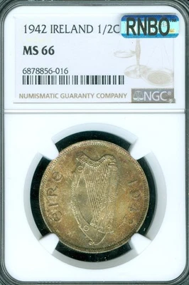 1942 IRELAND HALF CROWN NGC MS66 PQ  MAC RNBO RAINBOW GORGEOUS ONLY 2 FINER . - Image 1 of 2