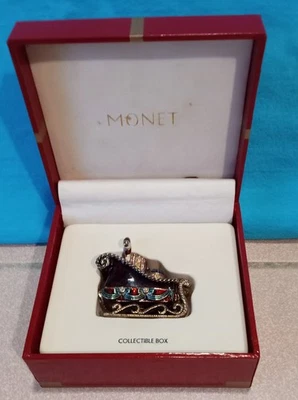 Monet SANTA'S SLEIGH ENAMEL w/RHINESTONES HINGED TRINKET BOX Original Box  - Image 1 of 4