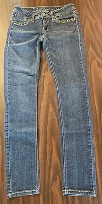 LA Idol Womens Jeans Size 7 Blue Denim Rhinestone Studded Cross Pocket 30x30 - Image 1 of 4