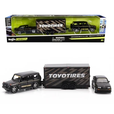 Remolque para carros Maisto Mercedes Benz Clase G neumáticos Toyo 1988 BMW E30 M3 negro 1/64 Foto 1 de 2