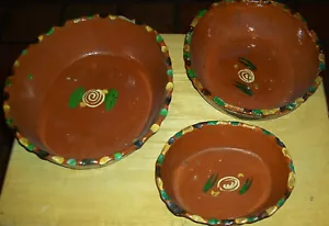 Scarce Vintage Mexican Redware Handmade Pottery 3 Oval Nesting Dishes - Picture 1 of 3