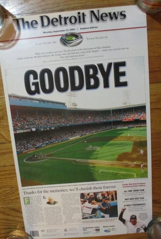 1999 DETROIT TIGERS Last Game At Tiger Stadium Detroit News Poster 21 3/4 x 13 Cover