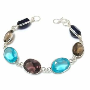 Swiss Blue Topaz, Amethyst Gemstone Handmade Gift Bracelet 7-8" N401