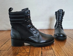 NWOB Adrienne Vittadini Black Faux Leather Davide Combat Chain Combat Boots, 8.5 - Picture 1 of 9
