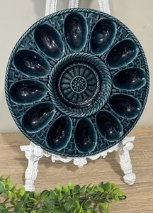 Vintage 10.5” PORTUGUESE MAJOLICA SECLA DEVILLED BOILED EGG Serving Dish PLATE - Picture 1 of 12