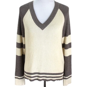 Faherty Throwback V Neck Sweater Womens Size M Ivory Brown Long Sleeve Pullover - Picture 1 of 7