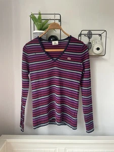 Y2K Lacoste Knitted V-Neck Sweater 00s Vintage Striped Tight Knit Women’s M (38) - Picture 1 of 9