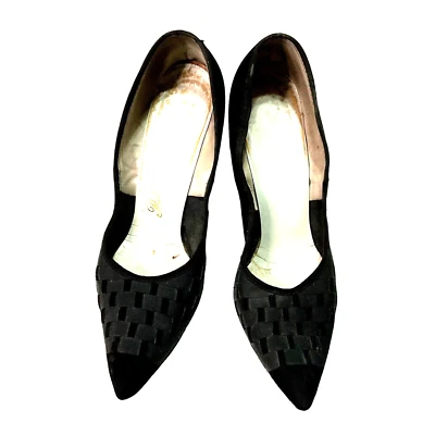 Tacones de gamuza negros de colección talla 7 con detalles de cinta 3,5" tacón punta puntiaguda para mujer Foto 1 de 4