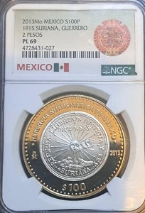 2013 MEXICO SILVER 100 PESOS 1915 SURIANA GUERRERO 2 PESOS NGC PL 69 - Picture 1 of 2