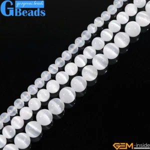 Natural Round Cat Eye Tone White Gypsum Plaster Stone Beads Jewelry Making 15" - Picture 1 of 27
