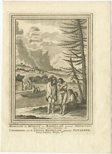 Antique Print of Natives of the Great South Patagonia by Van Schley (c.1760)