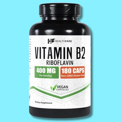 Vitamina B2 400mg | 180 Cápsulas | Riboflavina | Sem Glúten e Não-OGM HealthFare - Imagem 1 de 4