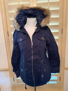 YMI Collection Navy Women's Zippered Jacket Faux Fur Removable Hood Large NEW - Picture 1 of 3