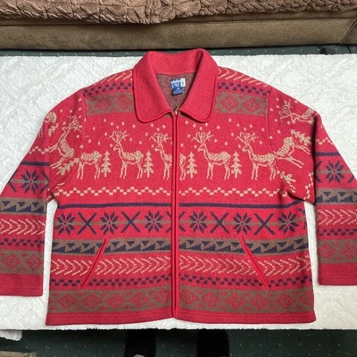 VENEZIA JEANS Rojo Esquí Nórdico 100% Lana Cremallera Completa Cárdigan Suéter 26/28 Navidad Foto 1 de 4