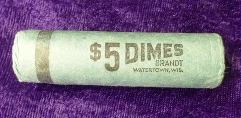 Roll 1953 D Roosevelt 50 Silver Dimes, $5 Face Brandt Watertown Wisconsin Roll Cover