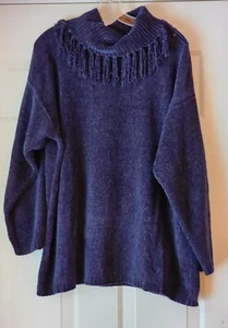 YARNWORKS Vintage Womens Chenille Blue Fringed Cowl Neck Knit Sweater - Size XL - Picture 1 of 2