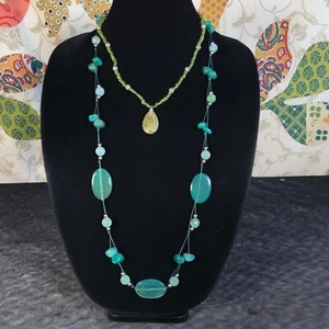 2 Necklace Lot Green Stone Glass Beads Beaded Cord Long Unakite Pendant Gemstone - Picture 1 of 11