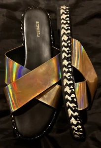 Express Gold Criss Cross Slip On Sandals Size 8 Rope And Yarn Trim - Picture 1 of 14