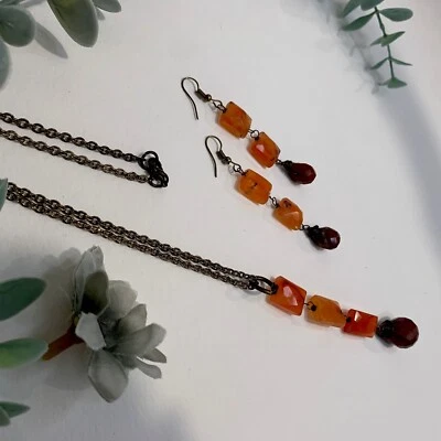 Anju Carnelian & Red Jaspe 套装 2 件套珠链吊坠项链耳环 28 英寸 — 第 1/4 张图片