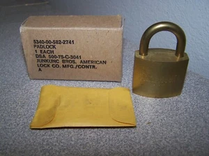 NOS American Lock Co Junkunc Bros US Brass Padlock W Original Keys U.S. MILITARY - Picture 1 of 5