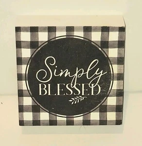 SIMPLY BENDECIDO 3.5" X 3.5" Bloque de Madera Letrero Galleta Barril Negro Blanco Cuadros - Imagen 1 de 3
