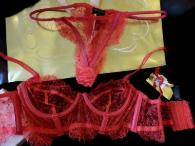 Agent Provocateur Soiree 36B Sujetador y Tanga Cuero Encaje Diamonte ROJO Conjunto NUEVO en Caja Foto 1 de 4