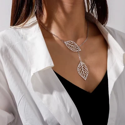 Collana donna Ciondolo Doppia Foglia Bigiotteria Pendagli Colore Argento Regalo - Immagine 1 di 4