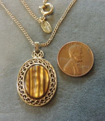 Sarah Coventry Brown  Faux Tiger's Eye Pendant 16/18 Chain Necklace 3m 11.3 Foto 1 de 4