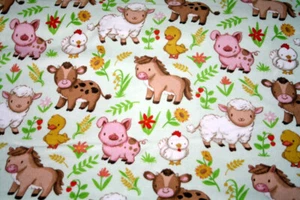BABY FARM ANIMALS ON GREEN FLANNEL - 100% COTTON FABRIC - Picture 1 of 6