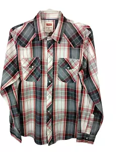 LEVI'S Men's Long Sleeve Cotton Blend Pearl-Snap Red/Black Plaid Shirt Lg - Picture 1 of 5