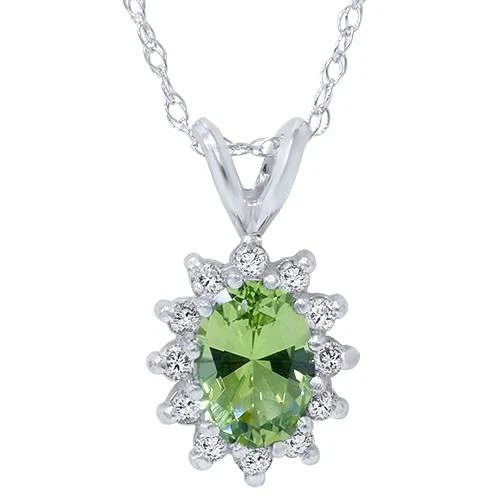 1 1/6ct Oval Peridot Halo Diamond Pendant 14K White Gold - Image 1 of 4