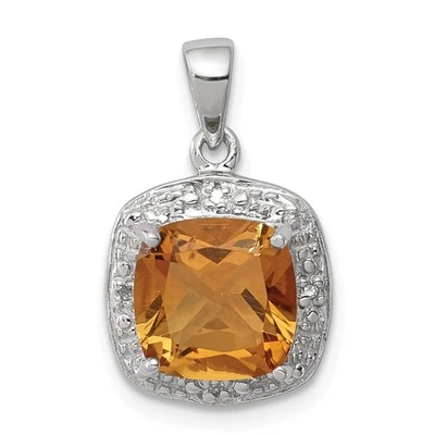 Sterling Silver Rhodium Plated Cushion Yellow Citrine & Diamond Square Pendant - Image 1 of 2