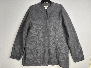 Talbots Sweater Womens 1X Gray Wool Floral Embroidered Button Up Cardigan Jacket - Picture 1 of 15