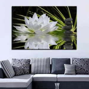 White Lotus Flower Black Stones Canvas Prints Painting Wall Art Home Decor 1P - Picture 1 of 5