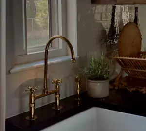 Unlacquered Antique Brass Kitchen Faucet - Solid Brass Bridge faucet and Sprayer - Picture 1 of 5