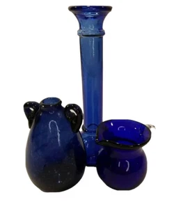 Colbalt Blue Hand Blown Glass Set Of 3 Bottles Candlestick Vase - Picture 1 of 10