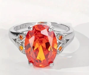 Pretty Simulated Orange Sapphire Oval Cubic Zirconia Ring in Silver-tone Size 9. - Picture 1 of 14