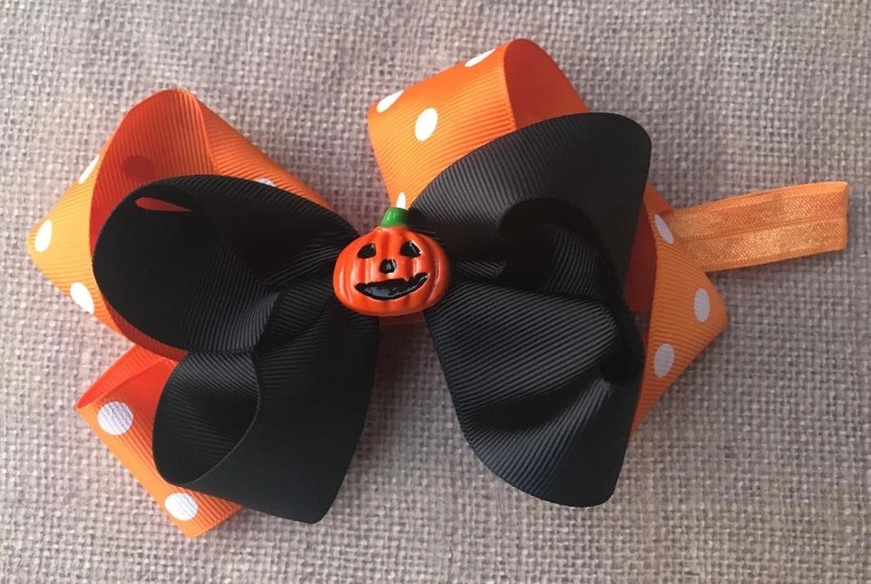 Orange & Black Jack O Lantern Halloween Big Bow Headband - Image 1 of 1