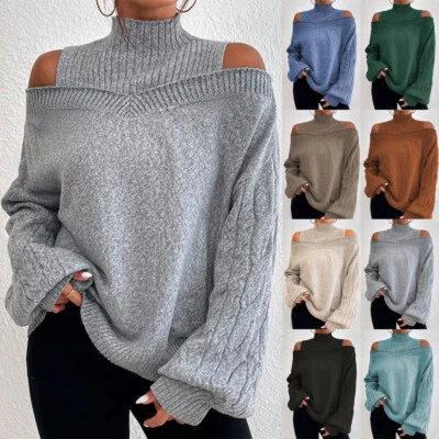 Women Chunky Knitted High Neck Jumper Cold Shoulder Loose Sweater Tops PLUS SIZE - Image 1 of 4